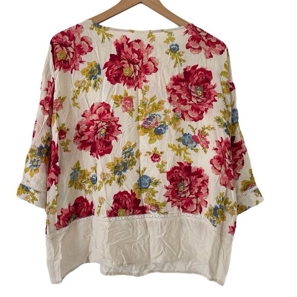 J Jill Petite L Cottage Floral Tunic Boho Boxy Blouse 3/4 Sleeve Lace Trim Rayon - Picture 6 of 16